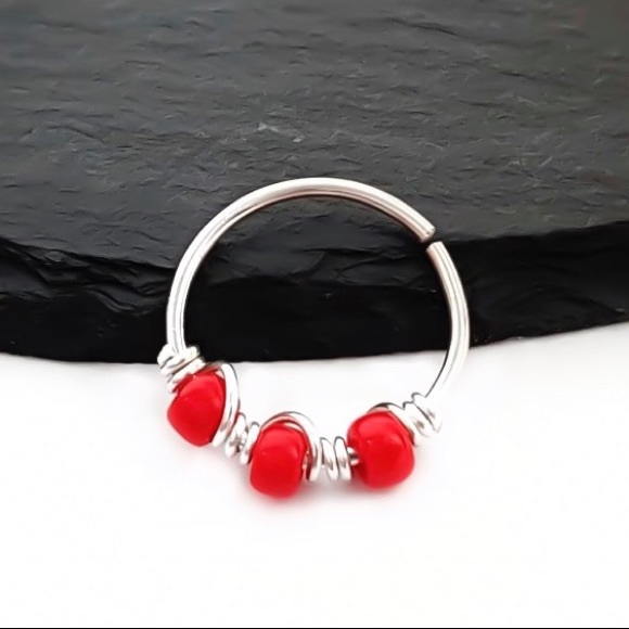 Red Jade Gemstone Helix Cartilage Hoop Earring &/or Nose Ring Silver Gold Rose - Picture 2 of 6